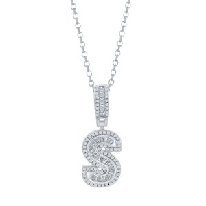 Sterling Silver 'S' Baguette CZ Initial Pendant w/Chain