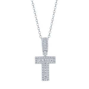 Sterling Silver 'T' Baguette CZ Initial Pendant w/Chain