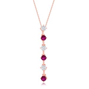 Sterling Silver Round White & Ruby CZ Long Pendant - Rose Gold Plated