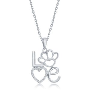 Sterling Silver, 'LOVE' w/Open CZ Heart and Paw Print Pendant