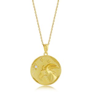 Sterling Silver  'CAPRICORN' CZ Zodiac Circle Pendant w/Chain - Gold Plated