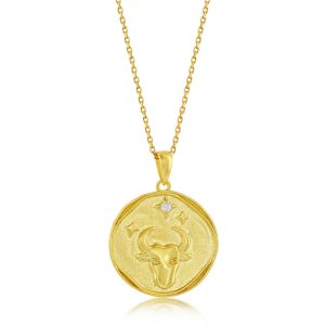Sterling Silver 'TAURUS' CZ Zodiac Circle Pendant w/Chain - Gold Plated