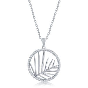 Sterling Silver Round CZ Outline w/ Center Cut-Out Leaf Pendant