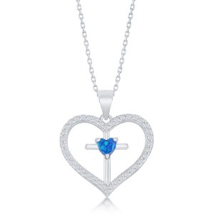 Sterling Silver, CZ Cross Heart Pendant - Blue Opal