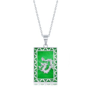 Sterling Silver, Dragon Design, Rectangle Jade Pendant