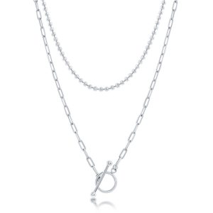 Sterling Silver Layered Paperclip and Beaded Chain Toggle Necklace
