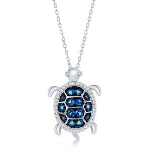Sterling Silver Blue Spinel and White CZ Turtle Necklace