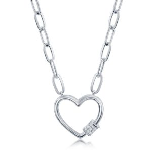 Sterling Silver, Micro Pave CZ Heart Carabiner Paperclip Necklace