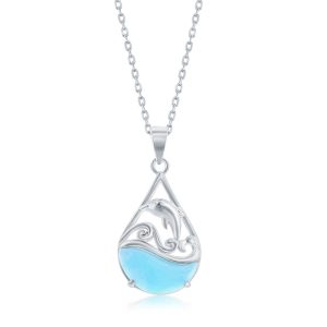 Sterling Silver, Leaping Dolphin Pearshaped Larimar Necklace