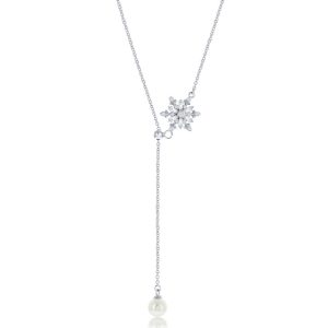 Sterling Silver 6mm FWP, Baguette CZ Snowflake Adjustable Necklace