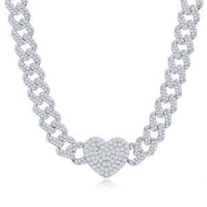 Sterling Silver, Micro Pave CZ Monaco Chain Heart Necklace