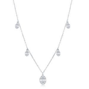 Sterling Silver Baguette CZ Oval Charms Necklace