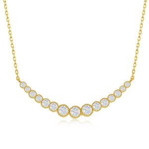 Sterling Silver Graduating Round CZ Curved Bar Necklace - Gold Plating