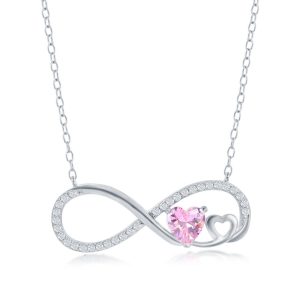 Sterling Silver, Heart Infinity Necklace - Pink CZ