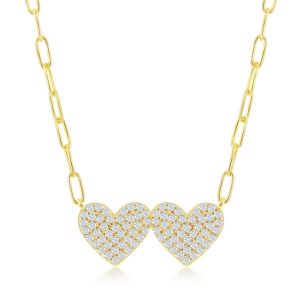 Sterling Silver Double Heart CZ Paperclip Necklace - Gold Plated