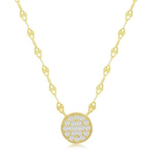Sterling Silver Circle Pave CZ Mirror Chain Choker Necklace - Gold Plated