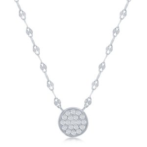Sterling Silver Circle Pave CZ Mirror Chain Choker Necklace