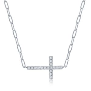 Sterling Silver, CZ Sideways Cross Paperclip Necklace