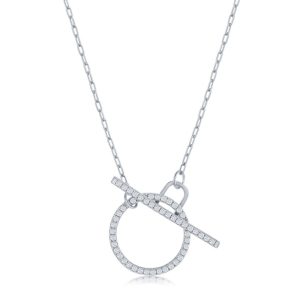 Sterling Silver, Paperclip CZ Circle Toggle Necklace