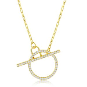 Sterling Silver, Paperclip CZ Circle Toggle Necklace - Gold Plated