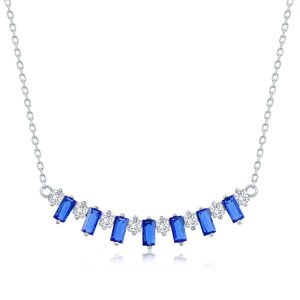 Sterling Silver Baguette CZ Bar Necklace - Sapphire
