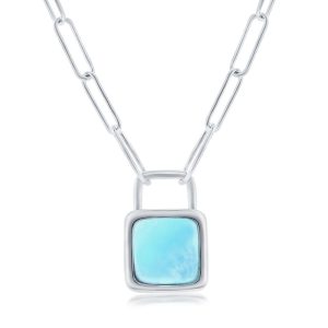 Sterling Silver, Larimar Lock Paperclip Necklace