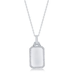 Sterling Silver Rectangle Dog Tag w/CZ Border Necklace