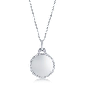 Sterling Silver, Polished Circle w/CZ Border Necklace
