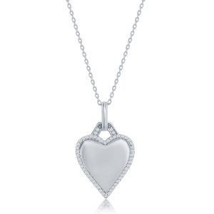 Sterling Silver, Polished Heart CZ Border Necklace