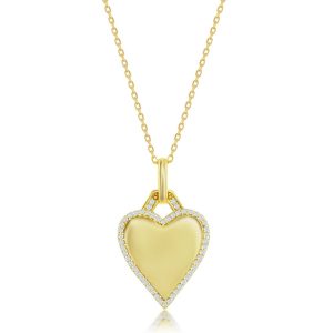 Sterling Silver, Polished Heart CZ Border Necklace - Gold Plated