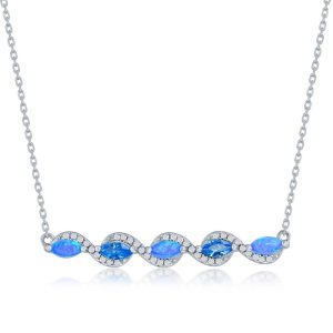 Sterling Silver, Marquise Blue Opal & Aquamarine CZ Bar Necklace