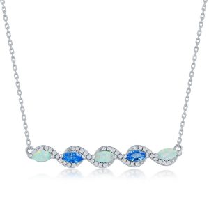 Sterling Silver, Marquise White Opal & Aquamarine CZ Bar Necklace