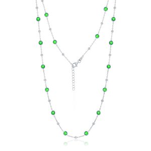 Sterling Silver Bezel-Set CZ & Bead Station Necklace - Emerald