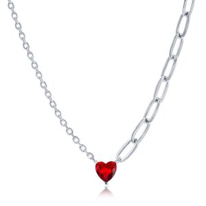 Sterling Silver, Heart Ruby CZ, Half Cable & Paperclip Chain Necklace