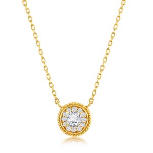 Sterling Silver Round CZ Rope Design Border Necklace - Gold Plated