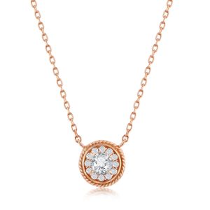 Sterling Silver Round CZ Rope Design Border Necklace - Rose Gold Plated