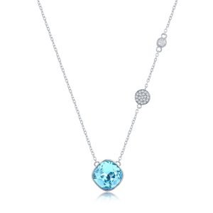 Sterling Silver Round Aqua CZ w/ Smaller CZ Necklace