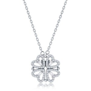 Sterling Silver, Heart Shaped CZ Flower Necklace