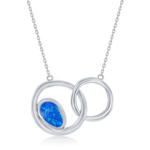 Sterling Silver, Double Circle Necklace - Blue Opal