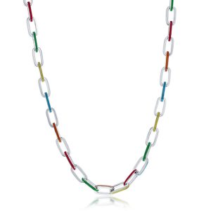 Sterling Silver, Multi-Color Enamel Paperclip Necklace