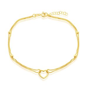 Sterling Silver, Double Strand Open Heart Anklet - Gold Plated