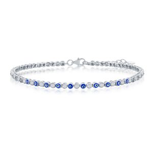 Sterling Silver, Alternating Evil Eye and CZ Tennis Anklet