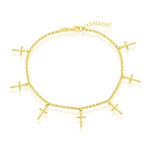 Sterling Silver, Cross Charms Rolo Chain Anklet - Gold Plated