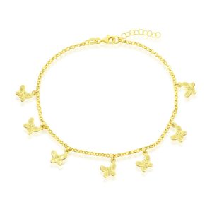Sterling Silver, Butterfly Charm Rolo Chain Anklet - Gold Plated