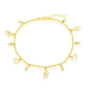 Sterling Silver, Hearts & Beads Charms Rolo Chain Anklet - Gold Plated