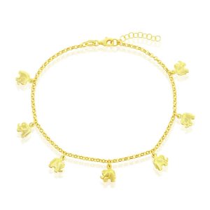 Sterling Silver, Elephant Charm Rolo Chain Anklet - Gold Plated