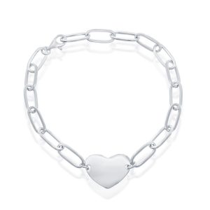 Sterling Silver Polished Heart Paperclip Bracelet