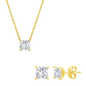 Sterling Silver, Solitaire 6mm Princess-Cut CZ, Necklace & Earrings Set - Gold Plated