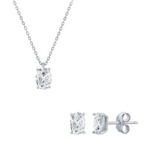 Sterling Silver, Solitaire Oval CZ, 5x7mm Necklace & 3x6mm Earrings Set