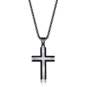 Stainless Steel Black & Silver Polished Cross Necklace
